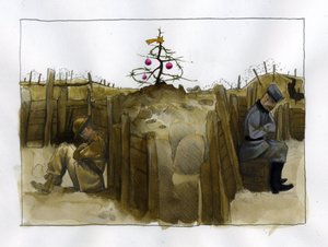 Prima guerra mondiale: la solitudine di due soldati nemici, britannico (sinistra) e tedesco nella trincea, a Natale 1914-1918. Illustrazione di Alessandro Lonati da Alessandro Lonati