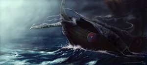Creatura leggendaria: drago che attacca un drakkar (barca vichinga). Disegno di Alessandro Lonati