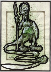 Mostro leggendario per illustrazione fantasy: volto di una creatura tribale o guerriero con lancia, scudo e coda di piume da Alessandro Lonati