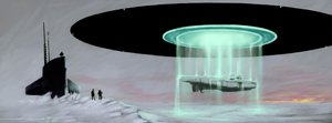 Incontro al Polo Nord tra un sottomarino U-boot e un disco volante (UFO, alieno) per la restituzione di un sottomarino preso dagli alieni durante la guerra. Disegno di Alessandro Lonati