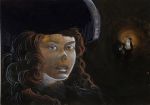 Ritratto di una donna pirata (corsara) o marinaio nella notte, illuminata dalla lanterna di un altro pirata. Disegno a colori di Alessandro Lonati da Alessandro Lonati