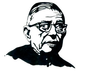 Ritratto dello scrittore, filosofo e drammaturgo francese Jean-Paul Sartre da Alessandro Lonati