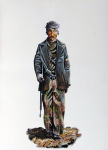 Seconda Guerra Mondiale: un membro della Resistenza Italiana (partigiano), con indosso una tuta mimetica e armato di mitragliatrice. 1943-1945 da Alessandro Lonati