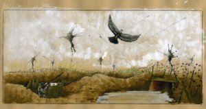 Prima Guerra Mondiale: un piccione viaggiatore che trasporta un messaggio preso di mira da un soldato tedesco in una trincea cercando di recuperare un messaggio 1914-1918