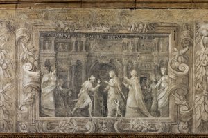 Affresco monocromo che riproduce produzioni teatrali da Alessandro Maganza