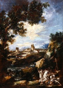 Paesaggio con frati carmelitani che pregano a un santuario lungo la strada da Alessandro Magnasco