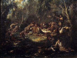 Scena di vita monastica Monaci a colazione, in preghiera e in lettura in un sottobosco. Dipinto di Alessandro Magnasco