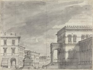 Piazza con monumento equestre e palazzo da Alessandro Sanquirico