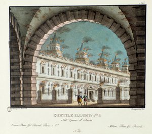 Vista del grande cortile illuminato da Alessandro Sanquirico