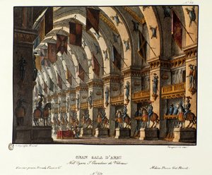 Vista della grande sala delle armi Scenografia per la rappresentazione dell