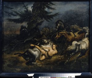 Ivan Mazepa (Jean Mazeppa). Dopo essere stato sorpreso in flagrante adulterio, viene cosparso di catrame e legato nudo su un cavallo selvaggio che lo porta nelle steppe ucraine. Dipinto di Alexander Osipovich Orlowski da Alexander (1777 1832) Orlowski