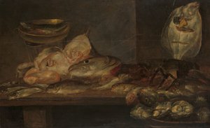Natura morta con pesci, aragosta e ostriche su un tavolo vicino da Alexander Adriaenssen