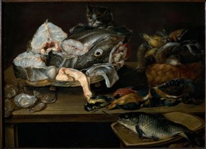 Natura morta con pesci, frutti di mare, pollame e gatto