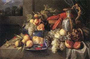 Natura morta di frutta con aragosta e pane, calice di aquilegia dorato, brocca di maiolica olandese, piatto di peltro e bicchiere alato veneziano.