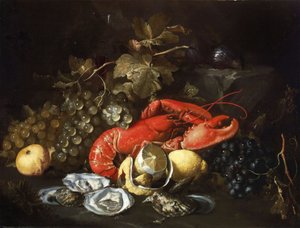 Natura morta con aragosta e ostriche