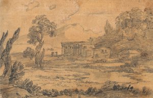 Edifici vicino a un fiume con colline sullo sfondo da Alexander Cozens