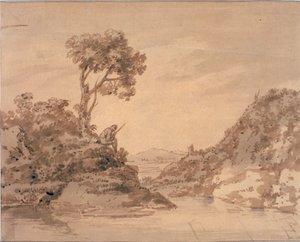 Paesaggio con figura sulla riva di una piscina