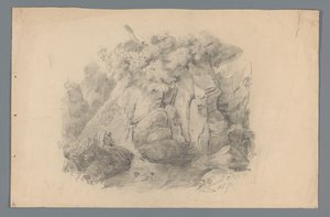 Paesaggio con uomo seduto vicino a una cascata
