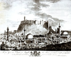 Veduta della città e del castello di Aleppo, Siria, 1754 da Alexander Drummond