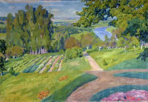 Una proprietà di campagna. Dipinto di Alexander Fyodorovich Gaush (1873-1947), olio su tela, circa 1910, arte russa, art nouveau. Museo d