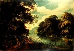 Paesaggio forestale con uccellatori vicino a un fiume da Alexander Keirincx