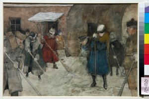 Persone che spazzano la neve in una strada d