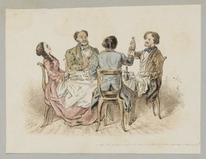 Quattro figure che brindano a un tavolo