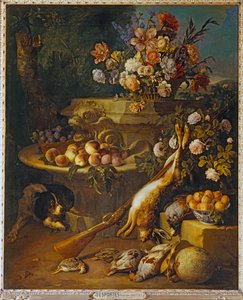 Gibier mort, fruits, fleurs et un chien - Gioco morto, frutti, fiori e un cane ...