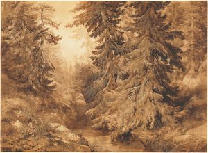 Una foresta di pini antichi con un ruscello di montagna da Alexandre Calame