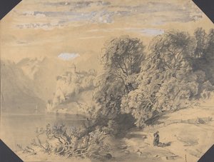 Donna con un cane vicino a un lago di montagna, inizio a metà del XIX secolo da Alexandre Calame