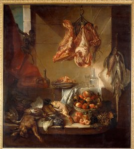 Interno di cucina con natura morta di selvaggina, frutta e carne da Alexandre Francois Desportes