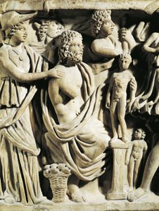 Sarcofago di marmo, Rilievo che raffigura il mito di Prometeo, Dettaglio, Atena assiste Prometeo mentre crea gli esseri umani, Da Arles