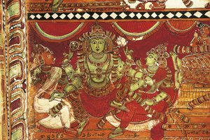 Visnu, dettaglio dagli affreschi che raffigurano la vita di Shiva nel santuario per Parvati, tempio di Nataraya, Chidambaram, Tamil Nadu, India, V secolo