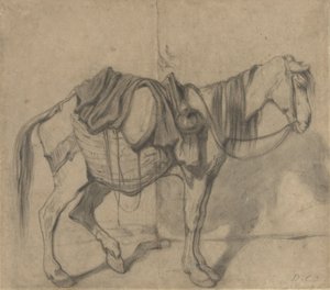 Cavallo da soma in piedi con ceste laterali e una brocca da Alexandre Gabriel Decamps