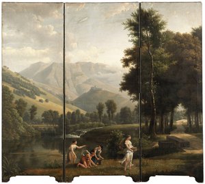 Paesaggio arcadico con fanciulle che raccolgono fiori sulla riva di un fiume, con un castello sulla collina