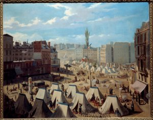 Accampamento di truppe sul Boulevard du Temple durante i giorni di giugno 1848. Vista di Parigi durante la rivoluzione del 1848 da Alexandre Josquin