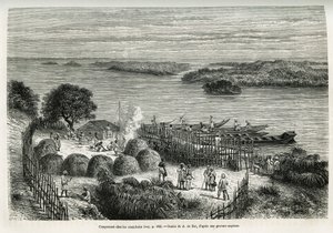 Il campo fortificato della spedizione per proteggersi dai cannibali Mouana Ntaba, vicino al fiume Leopold (Congo), disegno di A. De Bar, per illustrare il racconto Attraverso il Continente Misterioso, un viaggio fatto tra il 1874-1877, da Sir H.M. Stanley 