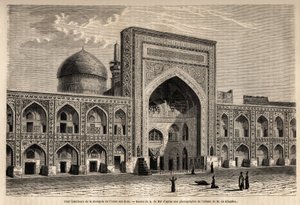 Cortile interno della moschea di Imam Aly Riza a Mashhad, disegno di A. de Bar, per illustrare il viaggio in Khorasan nel 1858, di N. de Khanikof. Incisione in 