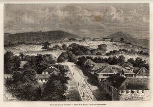 Via e caserme di Freetown, Sierra Leone, incisione dopo il disegno di A. de Bar, illustrando il viaggio alla Costa d
