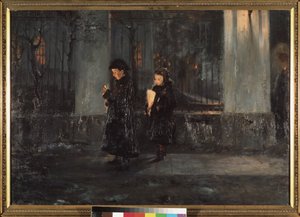 Il giovedì santo. Due bambine, con candele, la sera, si dirigono verso la chiesa per la celebrazione pasquale. Dipinto di Alexei Nikolaievich Ostrogradsky (1867-1943), olio su tela da Alexei Nikolayevich Ostrogradsky