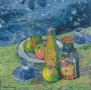 Natura morta con bottiglie e frutta da Alexej von Jawlensky