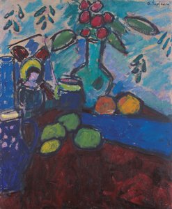 Natura morta con pittura su vetro invertito, vaso verde e frutta da Alexej von Jawlensky