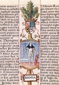 Ritratto del re visigoto Wamba (m. 688, Re di Spagna dal 672-680/681, da "Genealogía de los reyes de España" di Alonso de Cartagena da Alfonso de Cartagena