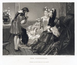 La confessione, relativa a una storia con lo stesso titolo, una donna con un grande vestito nero si china per ascoltare la confessione di un giovane ragazzo, che si copre il viso con le mani da Alfred Edward (after) Chalon