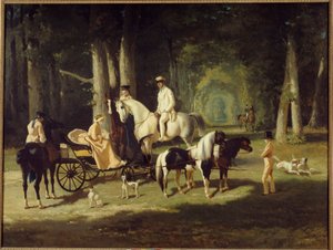 Il signor e la signora A. Mosselman e le loro due figlie passeggiano a cavallo nel bosco da Alfred Dedreux