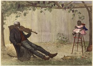 Vecchio nero che suona il violino al bambino (incisione a colori) da Alfred Edward (after) Emslie