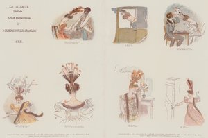 Facsimili di disegni originali ad acquerello, progettati per satirizzare la moda nelle acconciature femminili dell