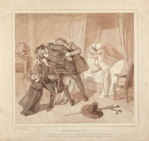 Gil Blas, mentre pratica la medicina sotto il dottor Sangrado, incontra il dottor Cuchillo al capezzale del droghiere da Alfred Edward Chalon