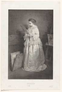 Giovane donna che guarda una stampa o un disegno