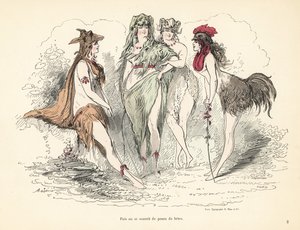 Donna che indossa costumi di pelli di animali, teste e piume da Alfred Grevin